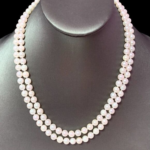 Diamond Akoya Pearl 2-Strand Necklace 17" 18k Gold 6.5mm Certified $8,750 120675 - Picture 9 of 11